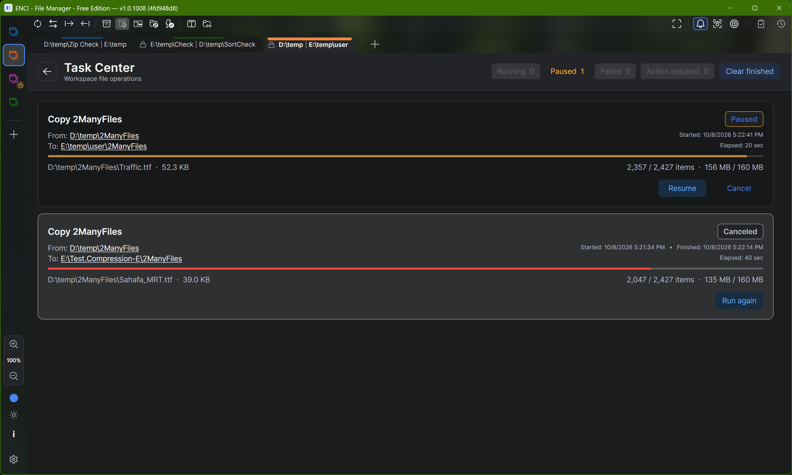 ENCI's Task Center tracking running, paused, and completed operations