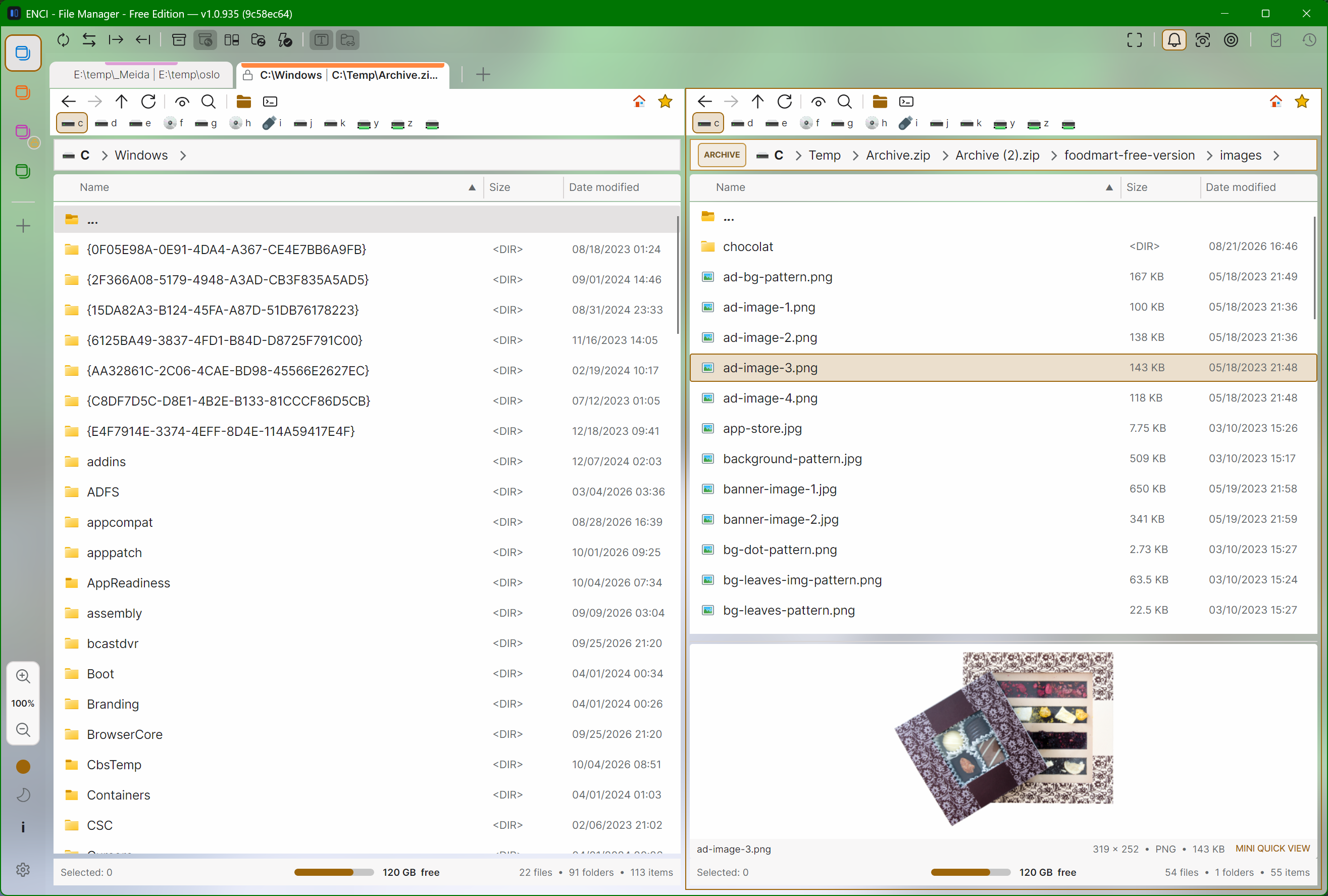 ENCI's dual-pane window with tabs and workspaces on Windows